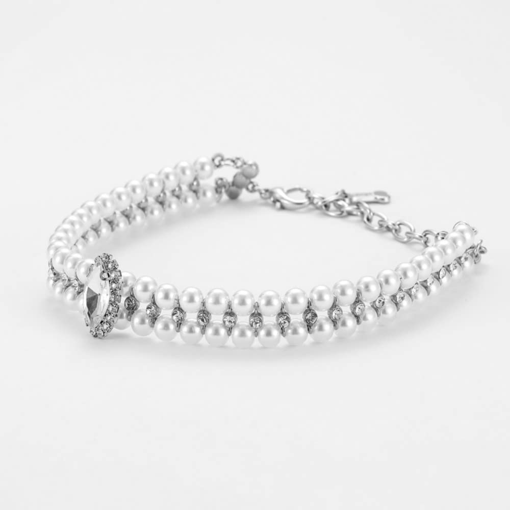 Artificial Leather Pet Collar, Crystal Bow Pendant Dog Necklace, Rhinestone Pearl Neck Strap for Dogs Cat Pet Supplies(L-B)