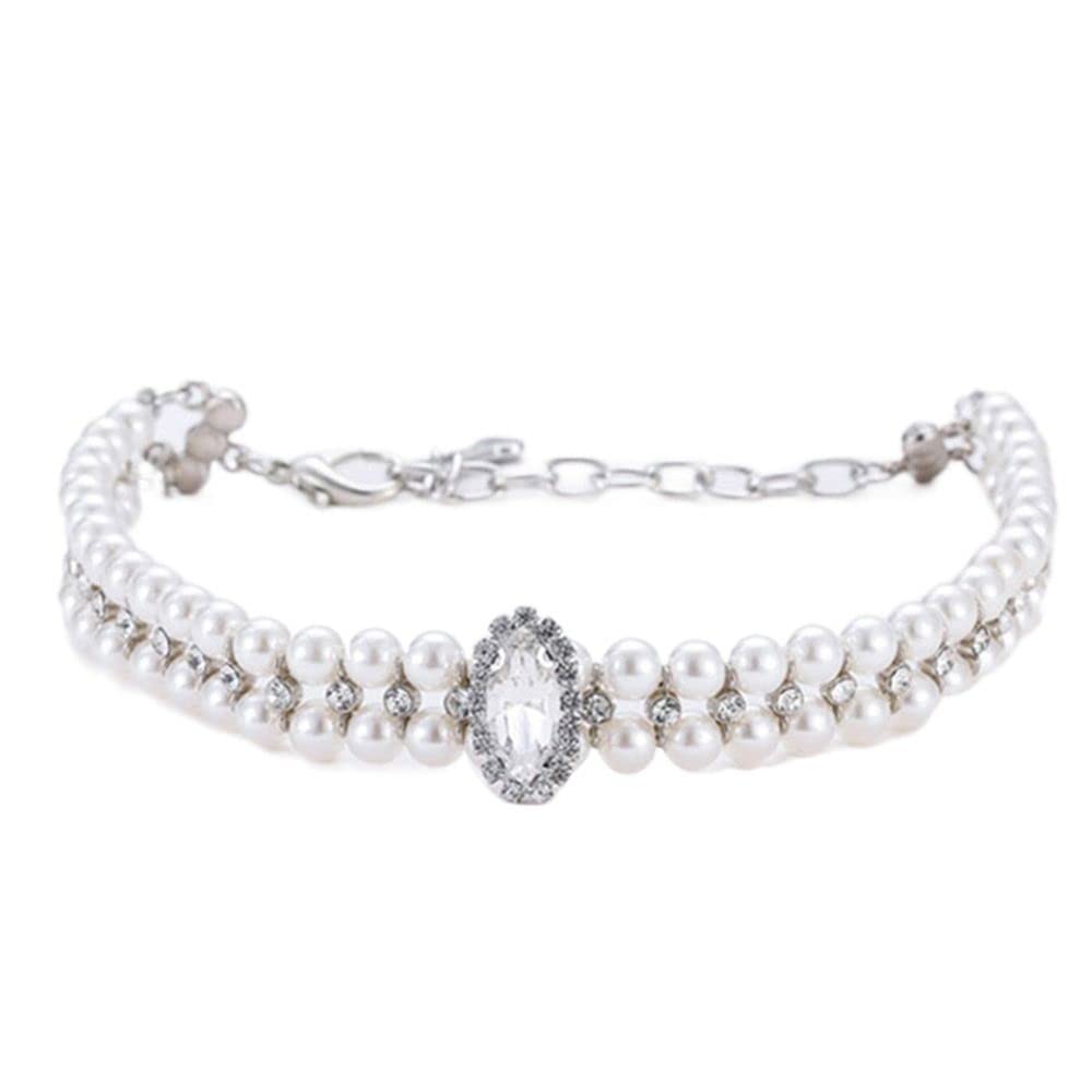 Artificial Leather Pet Collar, Crystal Bow Pendant Dog Necklace, Rhinestone Pearl Neck Strap for Dogs Cat Pet Supplies(L-B)