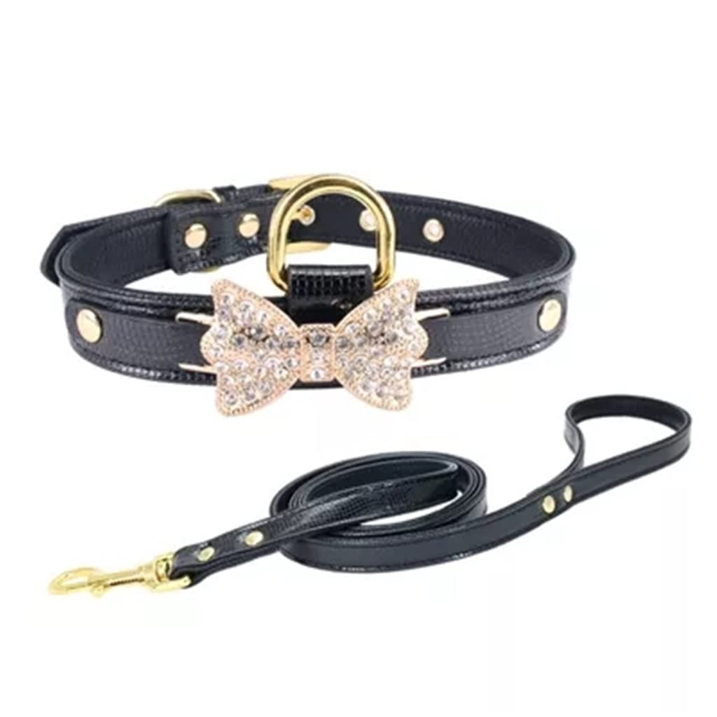 Bow Rhinestone PU Dog Collares Pet Supplies Artificial Diamond Bowknot Dog Leashes (Color : Blue Size : M Code) (Black M code)