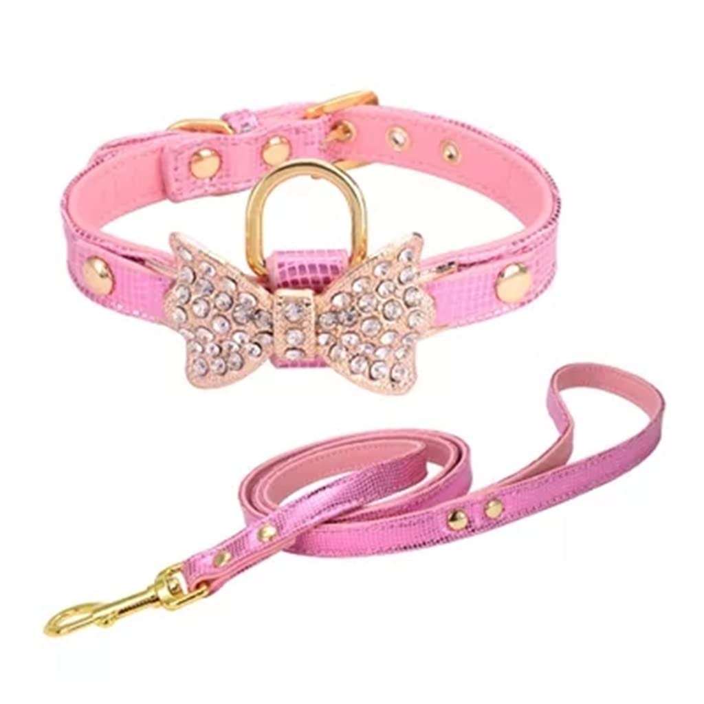 Bow Rhinestone PU Dog Collares Pet Supplies Artificial Diamond Bowknot Dog Leashes (Color : Blue Size : M Code) (M code)