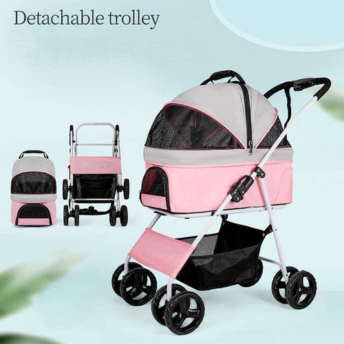 4 Wheel Foldable Dog Stroller Pushchairs Pram Detachable Carrier Lightweight Travel Pet Strollers for Cats and Dogs Up to 20KG Pet Supplies Accessories (Pink)